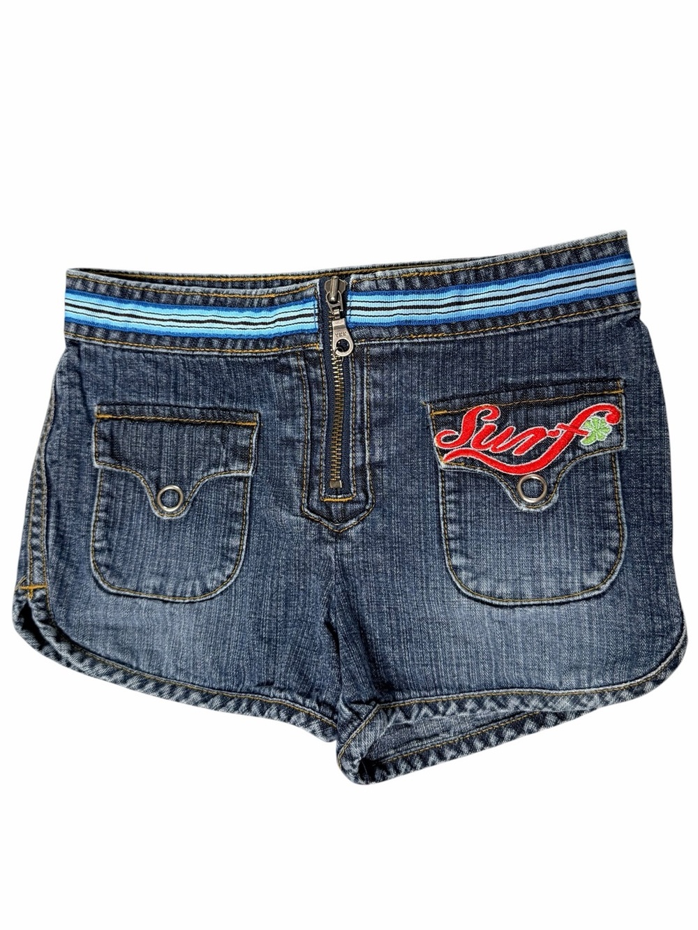 Y2K Gasoline Girls Denim Shorts Size 7 Blue Stripe Zip Embroidered Vintage